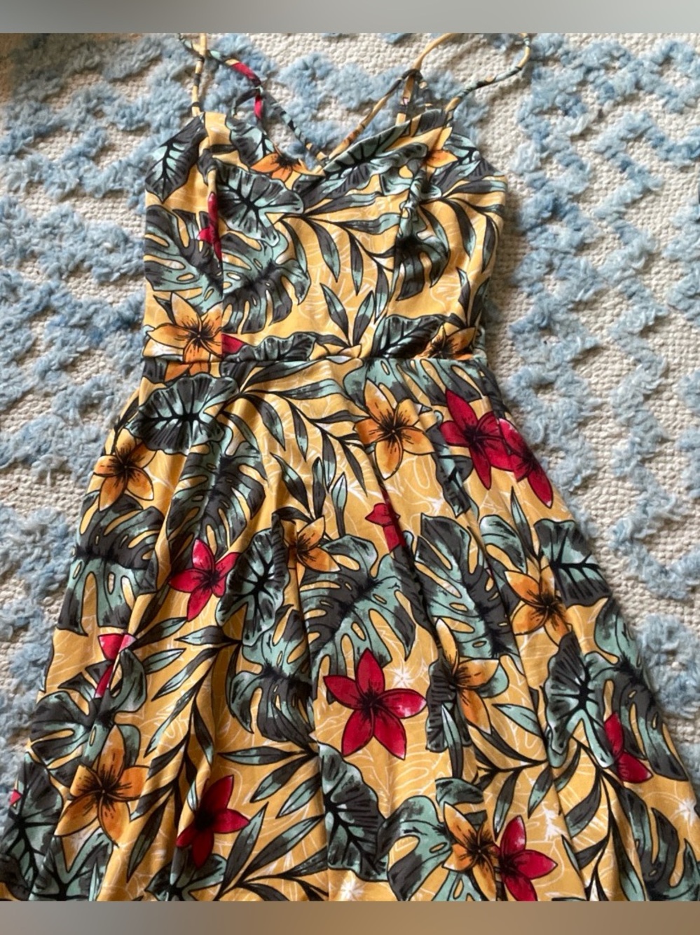 BCX Yellow Tropical Mini Dress with Red & Green Floral Print
